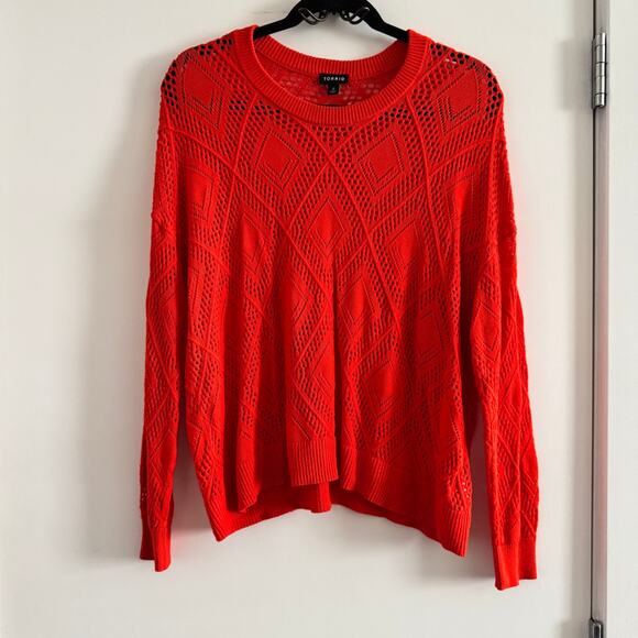 Torrid Knit Top Red Crew Neck Ribbed Hem Eyelet Pullover Long Sleeve Sz 0X - Picture 1 of 7